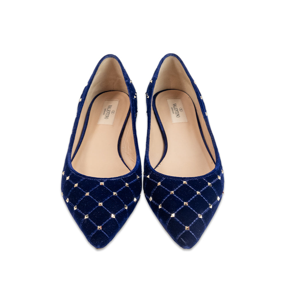 Valentino Blue Velvet Rockstud Pointed Toe Flats