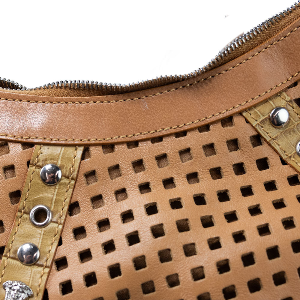 VERSACE SMALL STUDDED BROWN LEATHER SHOULDER BAG