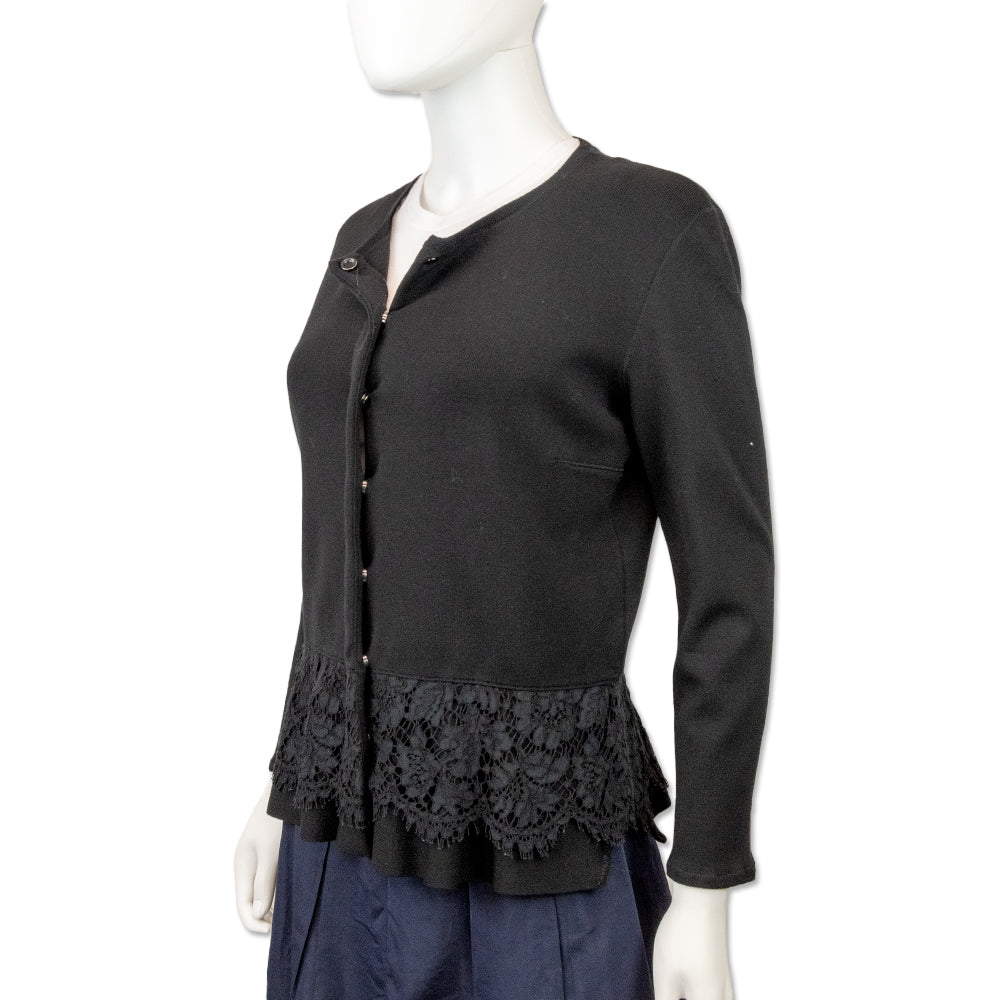 Valentino Black Floral Lace Trim Knit Cardigan