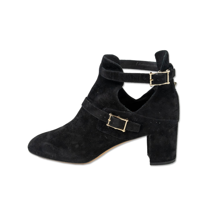 Valentino Garavani Black Suede Rockstud Buckle Ankle Booties