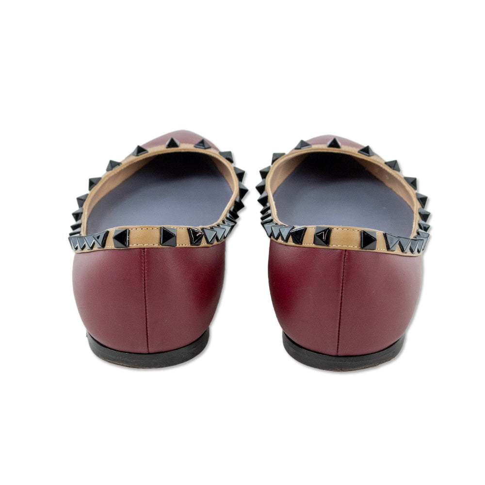 Valentino Garavani Burgundy Leather Rockstud Pointed-Toe Ballet Flats