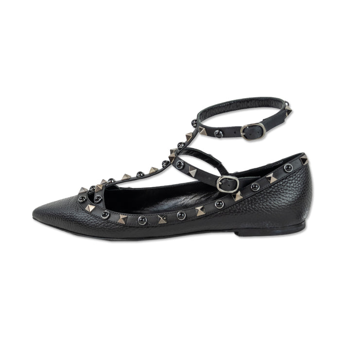 Valentino Rockstud Leather Buckle Pointed Toe Flats