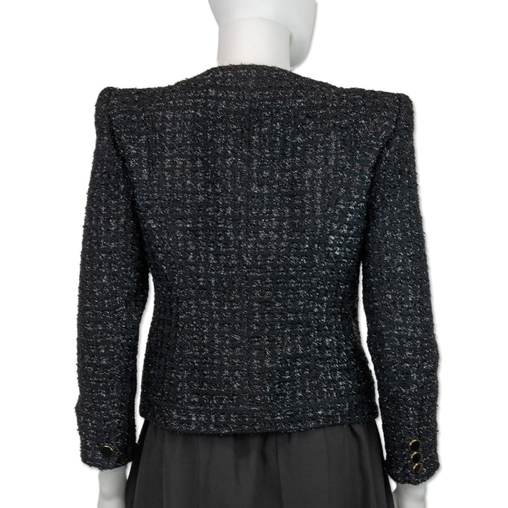 Veronica Beard Black Tweed Tinsel Fringe Cropped Blazer