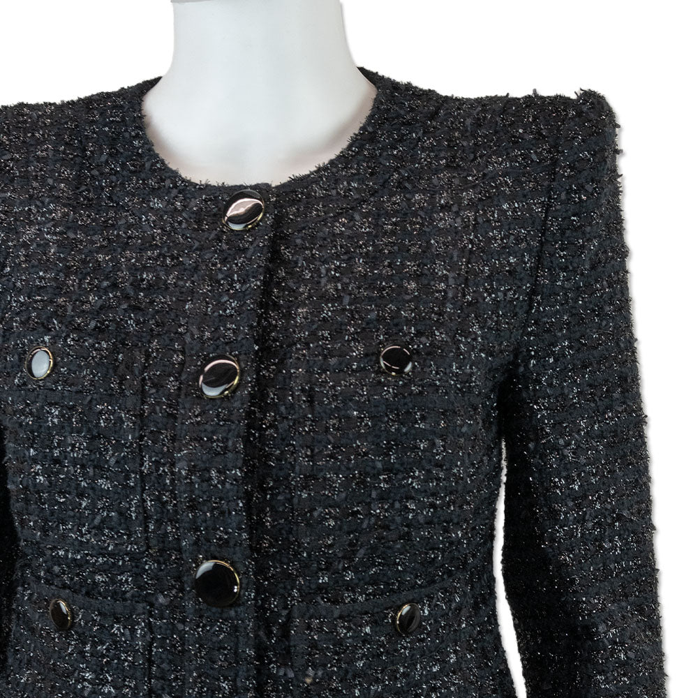 Veronica Beard Black Tweed Tinsel Fringe Cropped Blazer