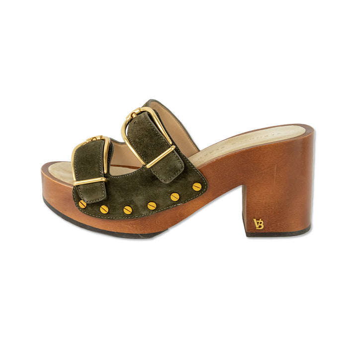 Veronica Beard Halifax Olive Green Suede Buckle Platform Clogs