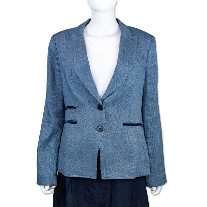 Veronica Beard Navy Chevron Print Linen Blend Blazer