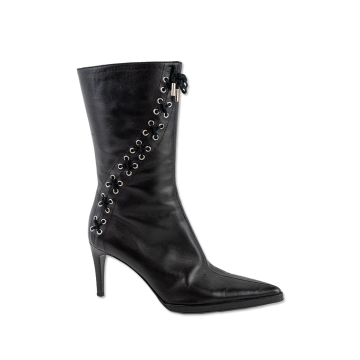 Versace Black Leather Lace Up Pointed Toe Heeled Boots