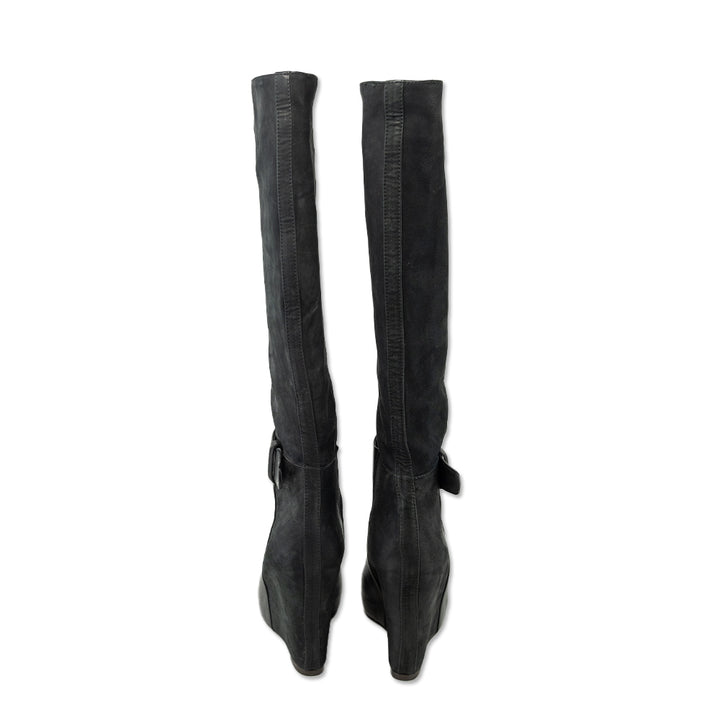 Vince Greta Black Suede Leather Knee-High Wedge Boots