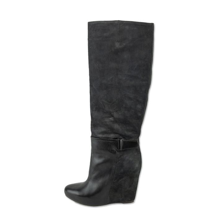 Vince Greta Black Suede Leather Knee-High Wedge Boots