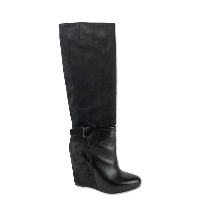 Vince Greta Black Suede Leather Knee-High Wedge Boots