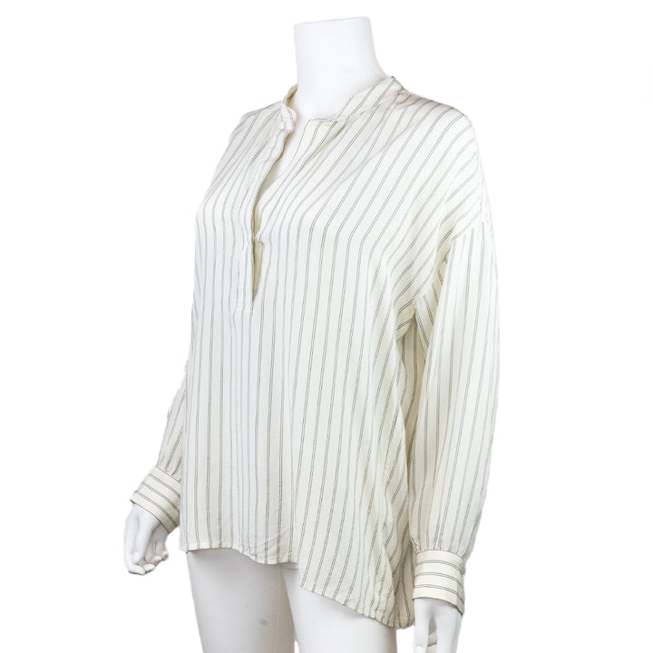 Vince Striped V Neck Long Sleeve Silk Tunic