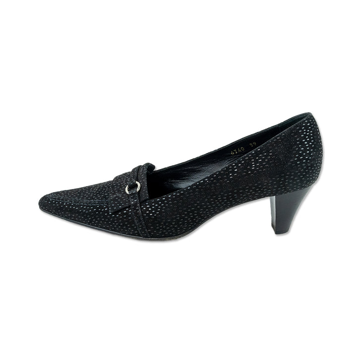 Walter Steiger Black Suede and Patent Leather Dotted Pointed Toe Pumps