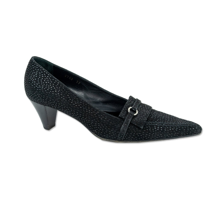 Walter Steiger Black Suede and Patent Leather Dotted Pointed Toe Pumps