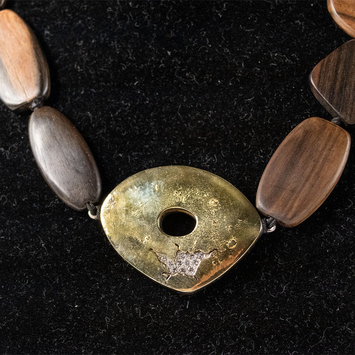 Wood Chain Necklace with Diamond Cluster and Gold Stone