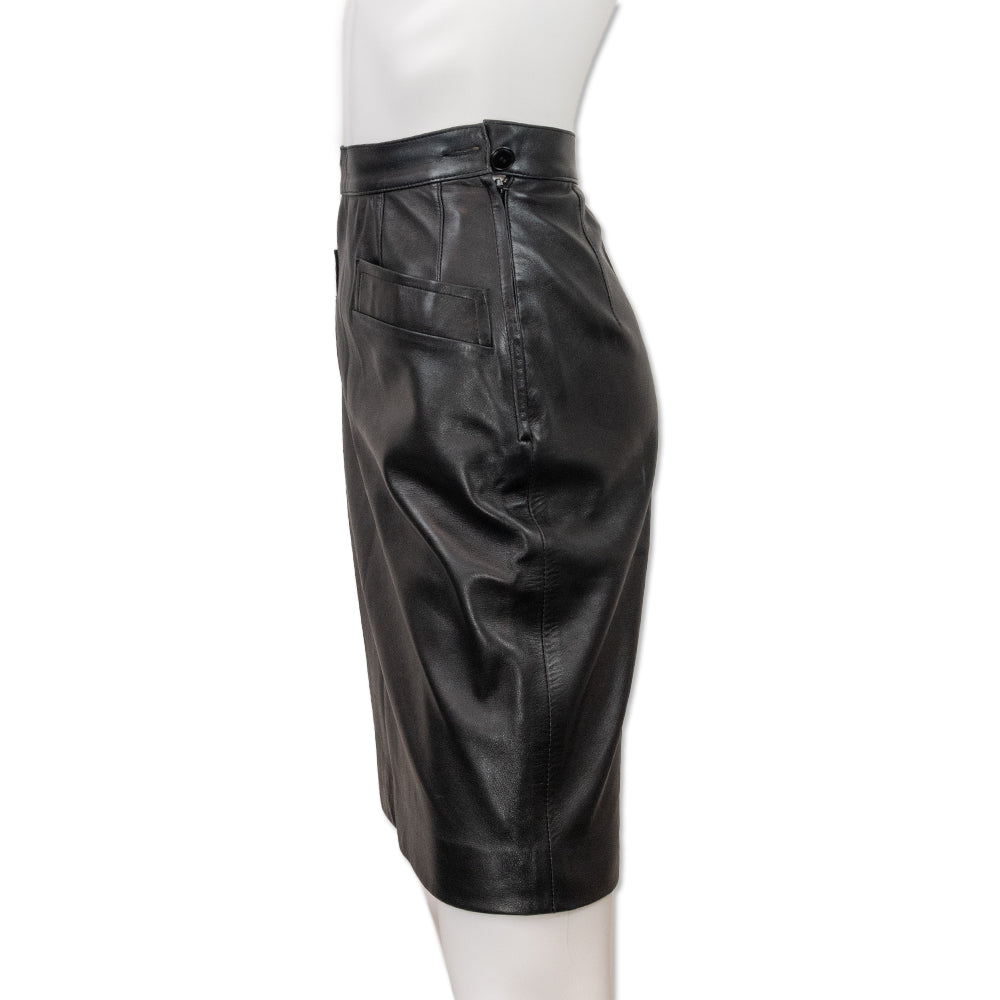 Yves Saint Laurent Black Leather Midi Pencil Skirt