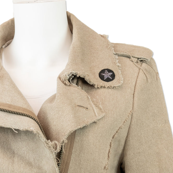 Zadig 
Voltaire Beige Military Inspired Distressed Zip Front Jacket