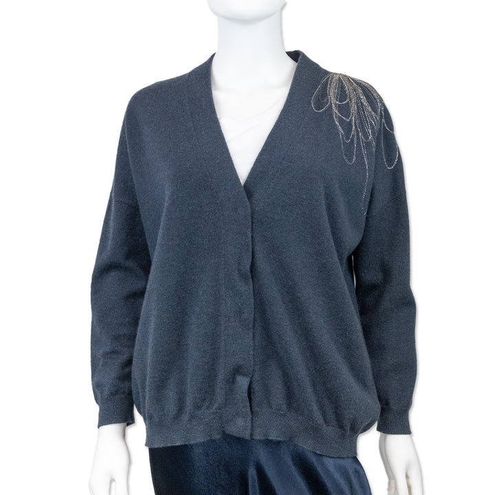 Brunello Cucinelli Blue Cashmere Monili Bead Accent Cardigan