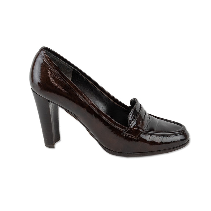 Stuart Weitzman Brown Patent Leather Penny Loafer Pumps