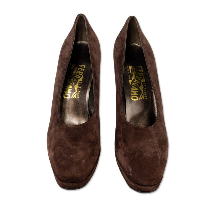 Salvatore Ferragamo Brown Suede Platform Pumps