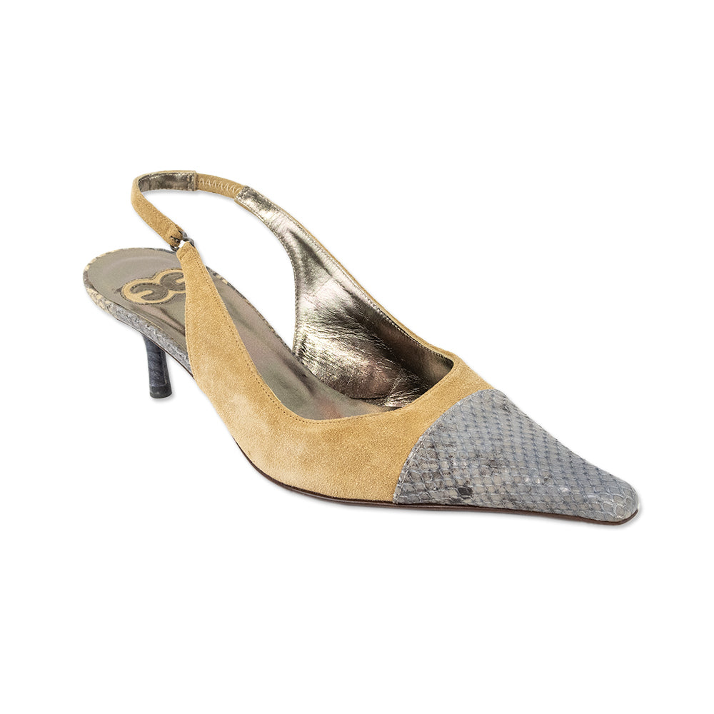 Escada Snakeskin Beige Suede Pointed Toe Slingback Pumps