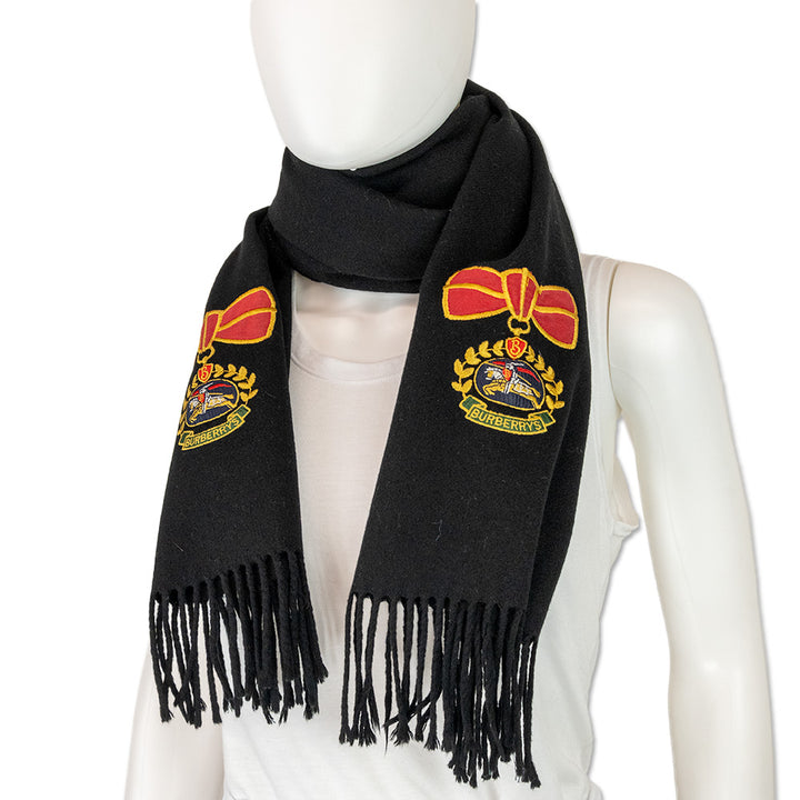 Burberry Fringe Trim Black Crest Embroidery Wool Scarf