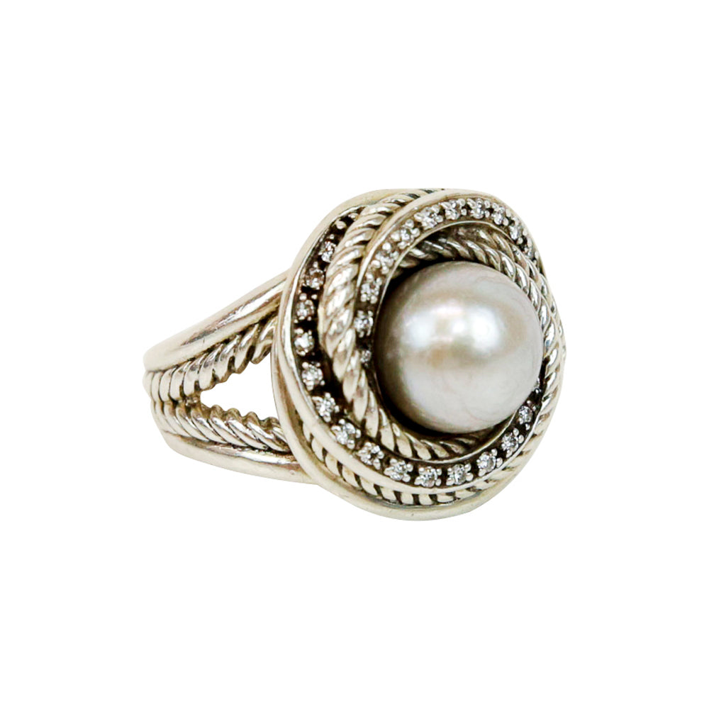 David Yurman Sterling Silver Pearl 
Diamond Crossover Ring