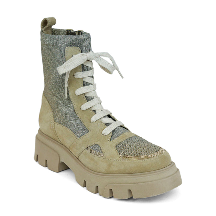 Brunello Cucinelli Suede 
Knit Lug Sole Combat Boots