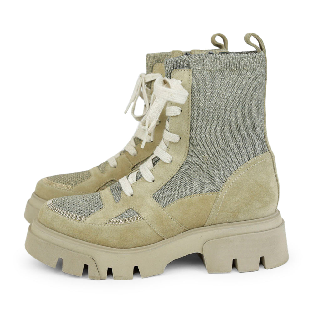 Brunello Cucinelli Suede 
Knit Lug Sole Combat Boots