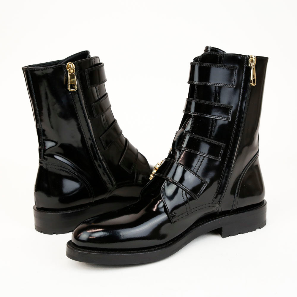 Dolce 
Gabbana Black Leather Crystal Buckle Combat Boots