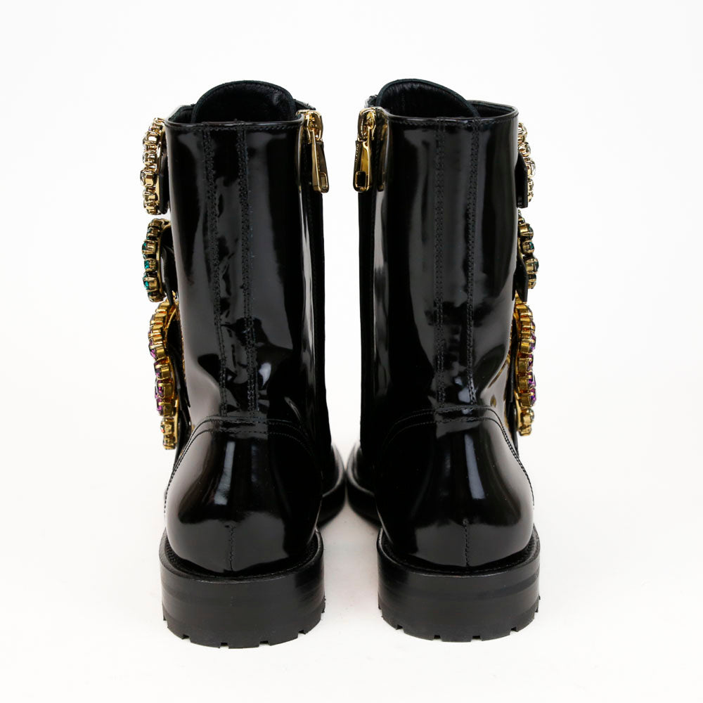 Dolce 
Gabbana Black Leather Crystal Buckle Combat Boots