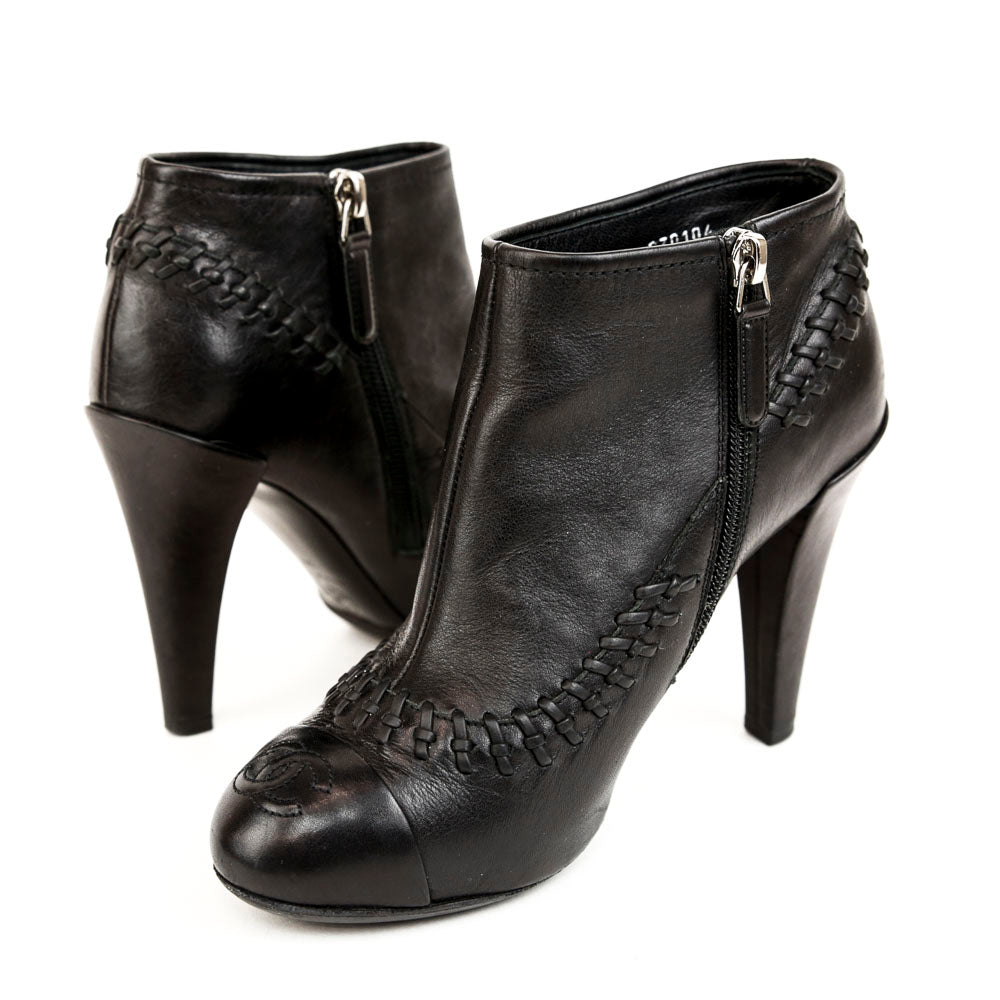 Chanel Black Leather Whipstitch Ankle Boots