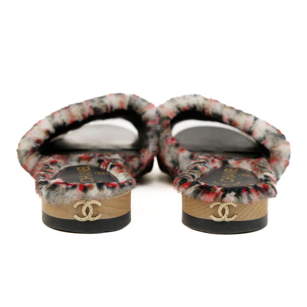 Chanel Orylag Fur 
Lambskin Tweed Print Mules