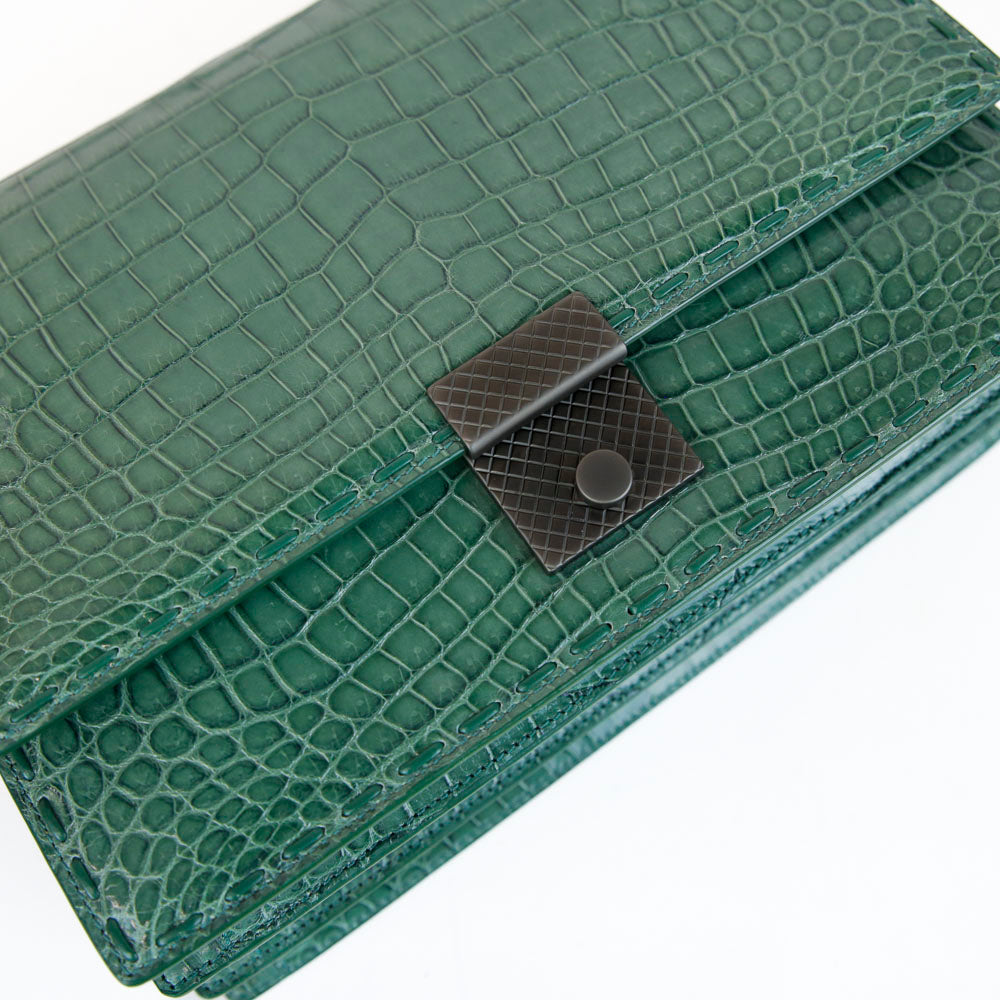 Bottega Veneta Green Crocodile Flap Top Accordion Bag