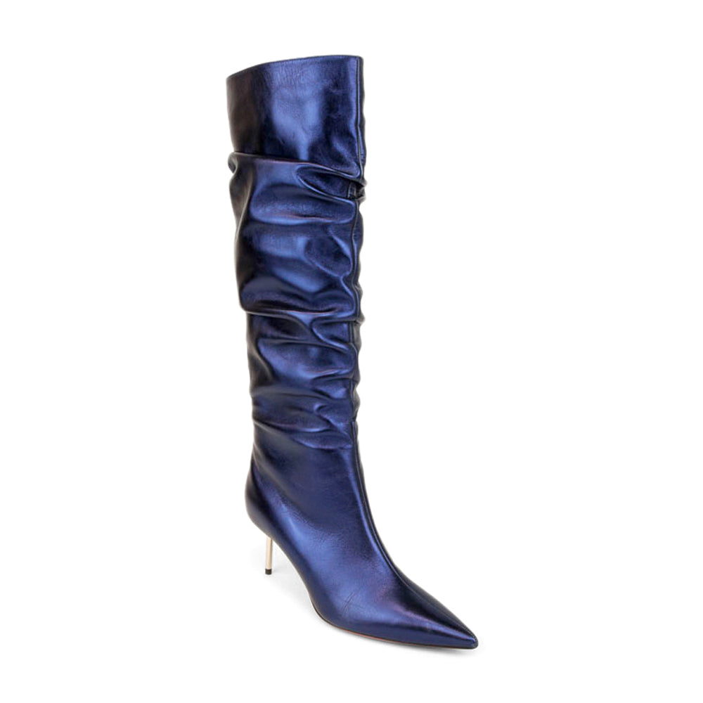 Christian Louboutin Metallic Blue Leather Ruched Knee High Boots