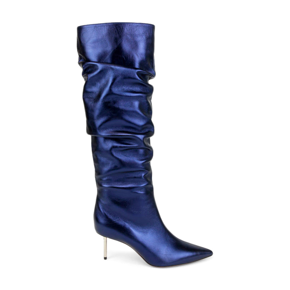 Christian Louboutin Metallic Blue Leather Ruched Knee High Boots