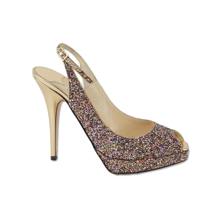 Jimmy Choo Clue Golden Multicolor Glitter Slingback Platform Pumps