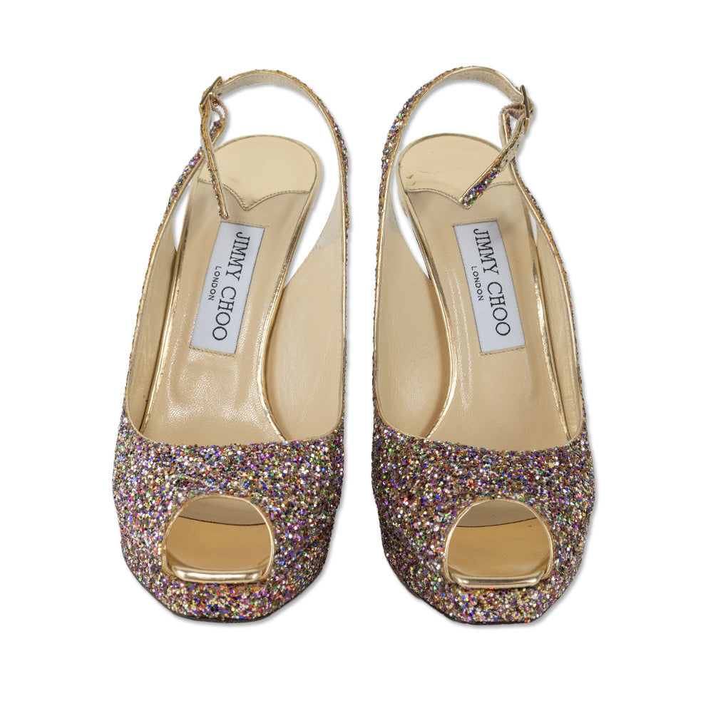 Jimmy Choo Clue Golden Multicolor Glitter Slingback Platform Pumps