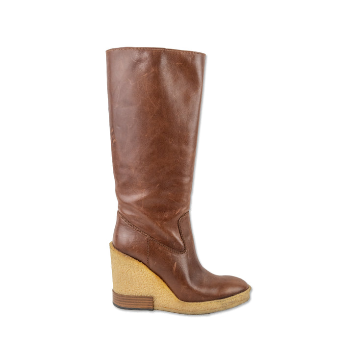 Tod
s Brown Leather Wedge Below the Knee Boots