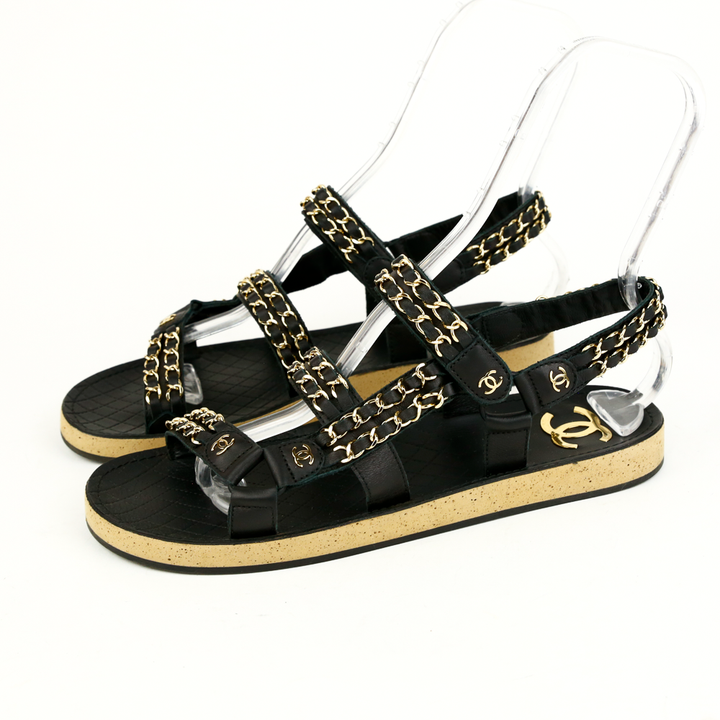 Chanel Black Leather 
Chain Flat Dad Sandals