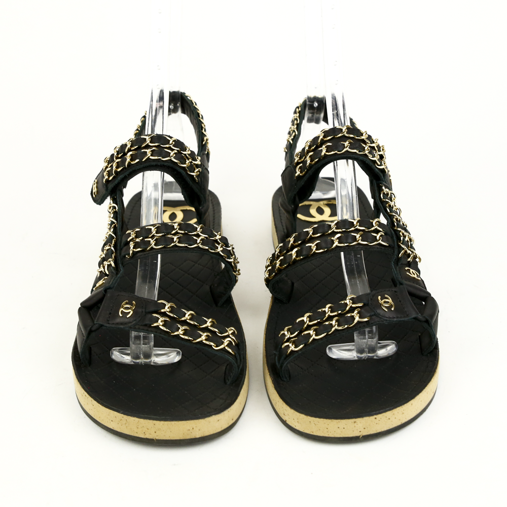 Chanel Black Leather 
Chain Flat Dad Sandals