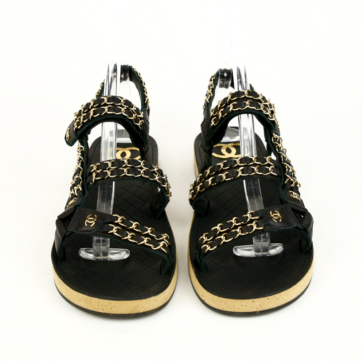 Chanel Black Leather 
Chain Flat Dad Sandals