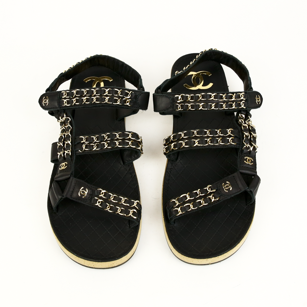 Chanel Black Leather 
Chain Flat Dad Sandals