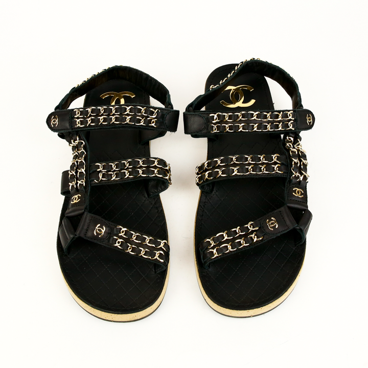 Chanel Black Leather 
Chain Flat Dad Sandals