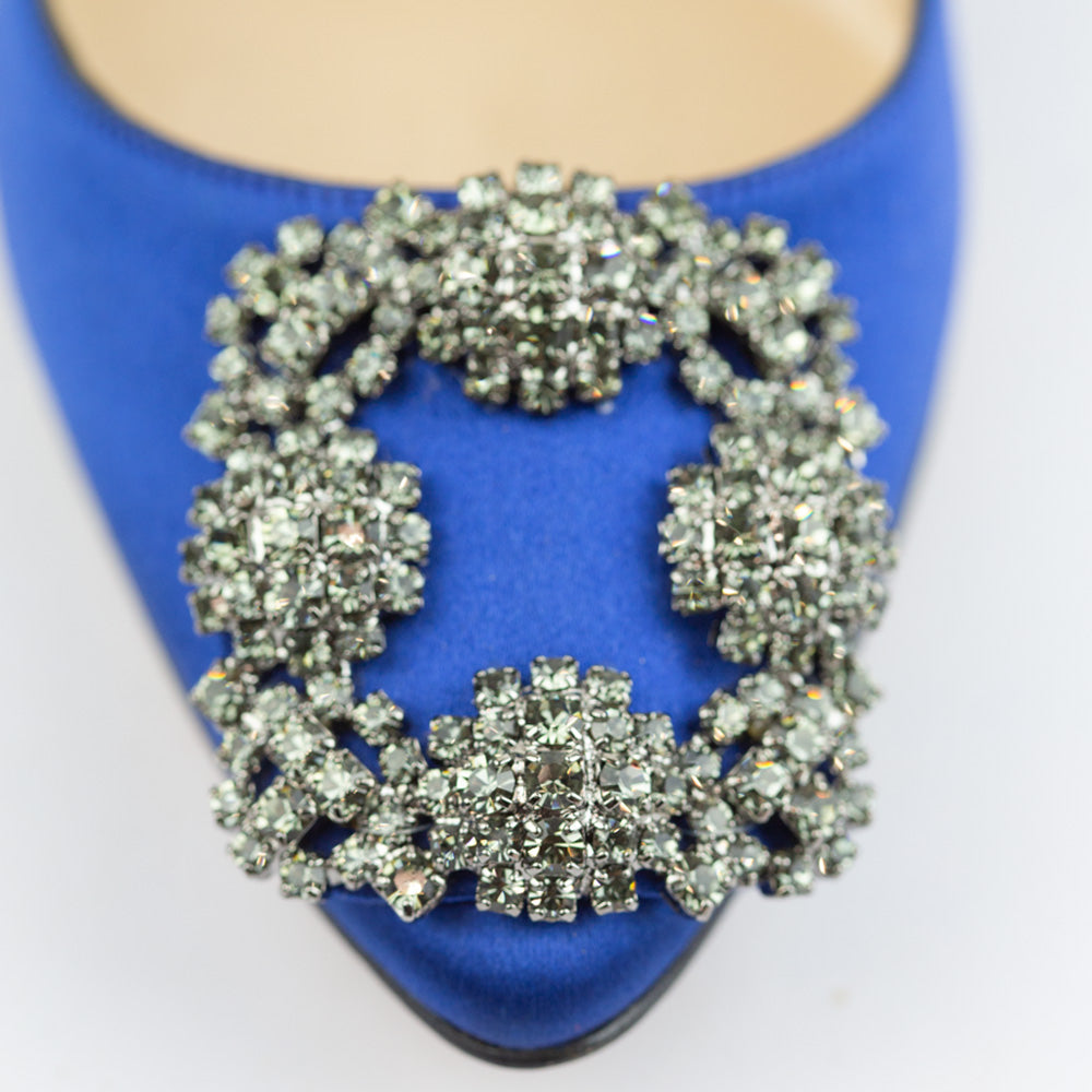 Manolo Blahnik Hangisi Jeweled Blue Satin Pumps