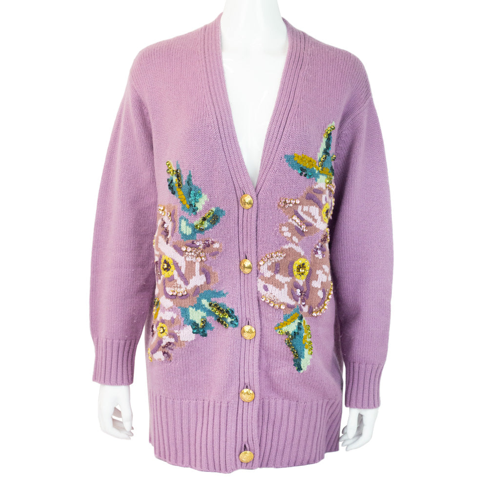 front view of Escada Lilac Wool 
Cashmere Embroidered Cardigan