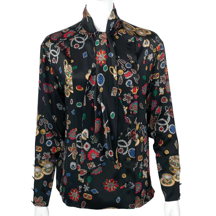 Front View of Chanel 1990
s Jewelry Print Blouse