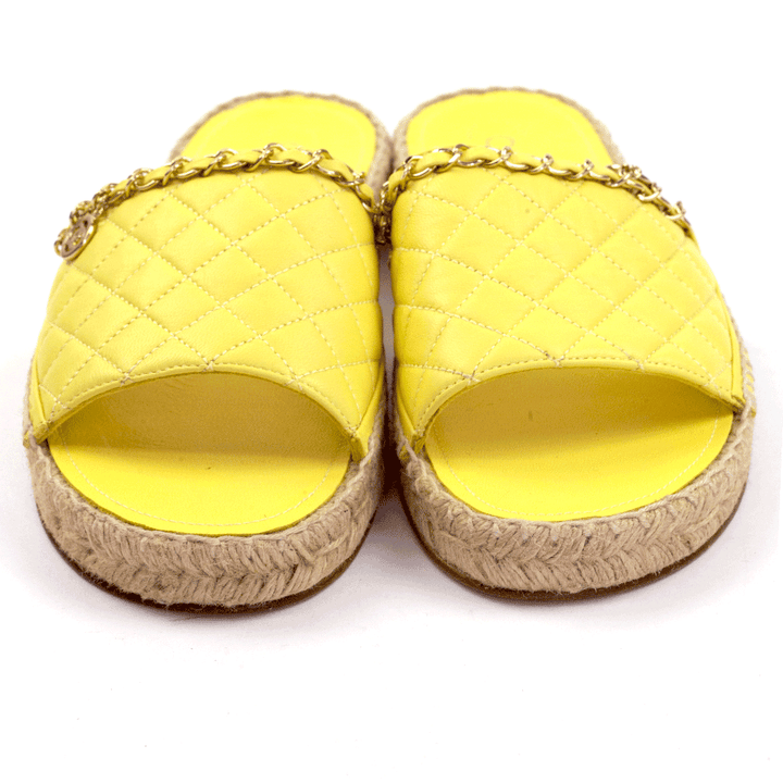 front view of Chanel Yellow Quilted Chain Espadrille Slide Sandals