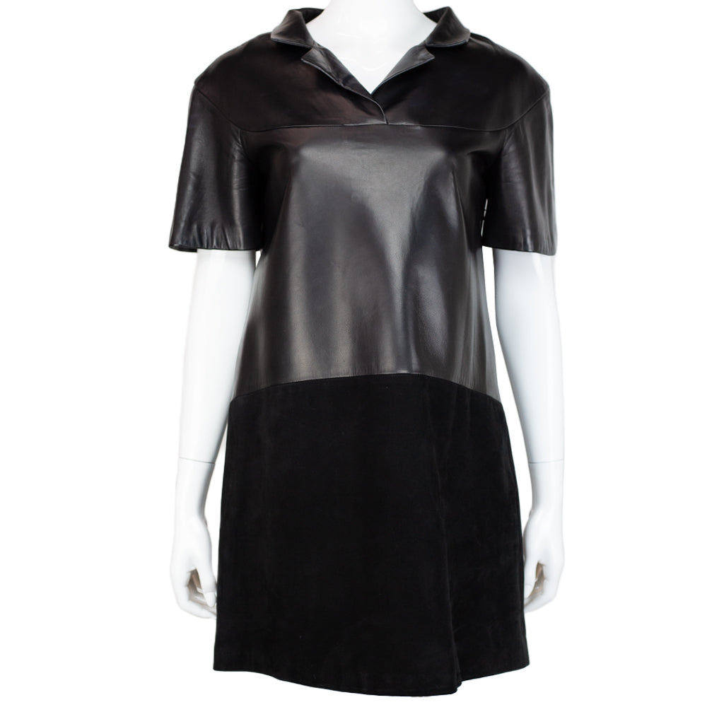 front view of Balenciaga Black Leather 
Suede Tunic Dress