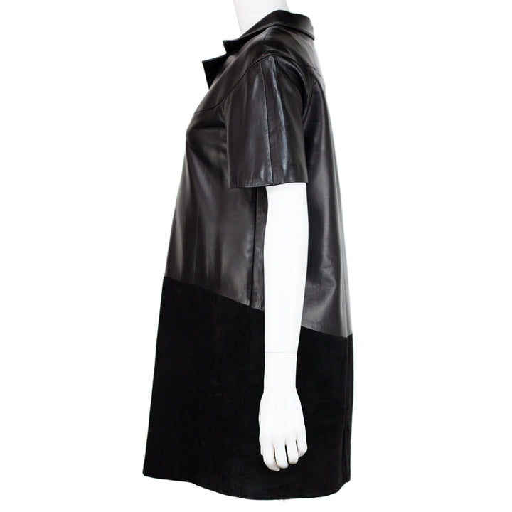 side view of Balenciaga Black Leather 
Suede Tunic Dress