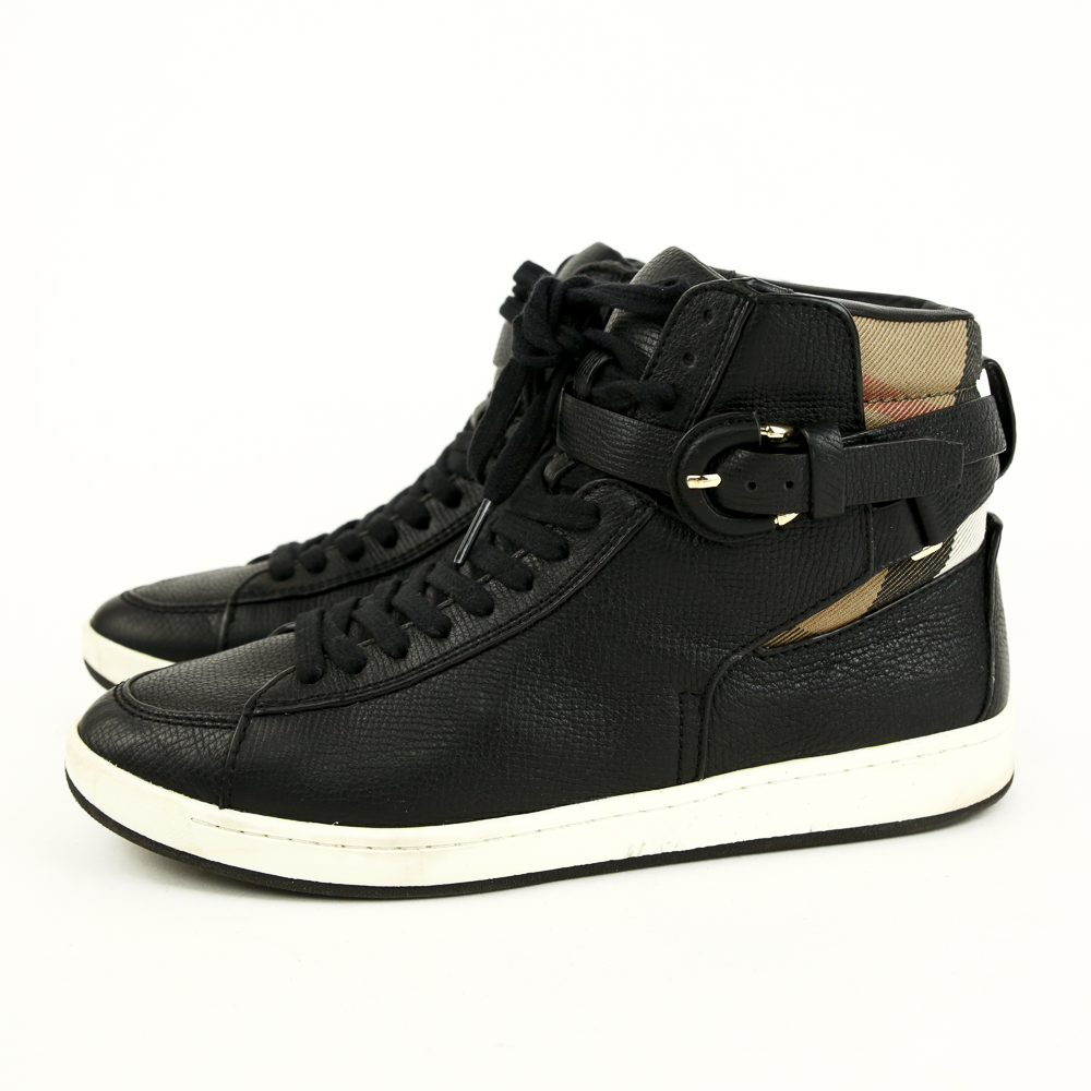 Burberry Black Leather 
House Check High Top Sneakers